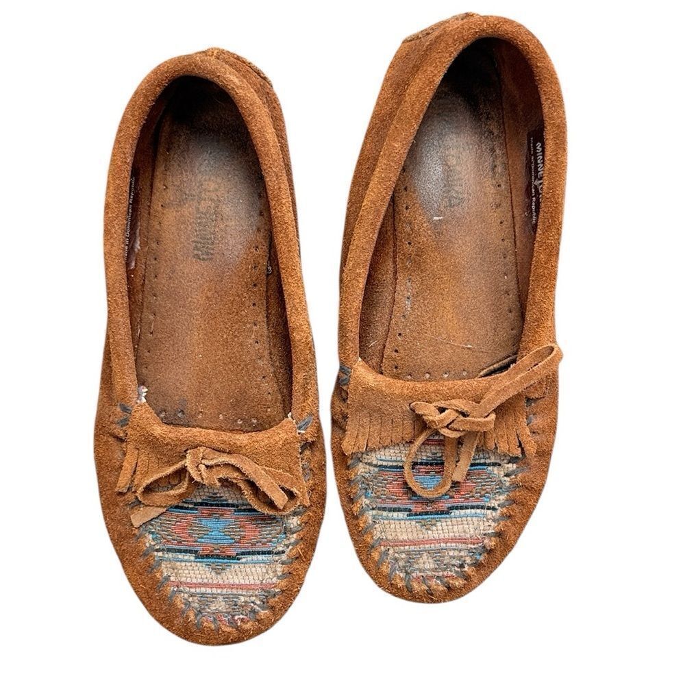 Minnetonka Suede Aztec Brown Aztec Moccasins - Picture 1 of 5